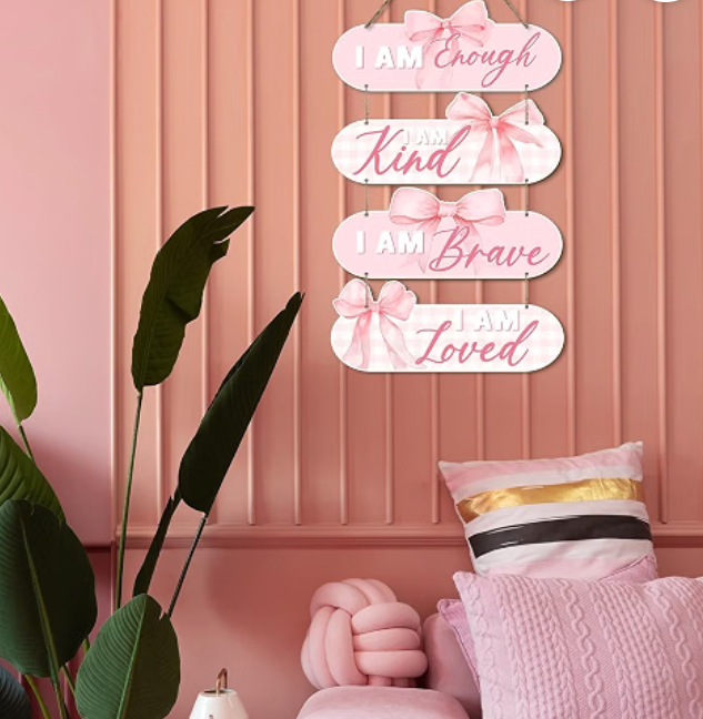 Soul Pink Bow Wall Decor for Women, I Am Enough I Am Kind I Am Brave I Am Loved (Pink)-4 Pc