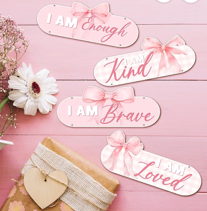 Soul Pink Bow Wall Decor for Women, I Am Enough I Am Kind I Am Brave I Am Loved (Pink)-4 Pc