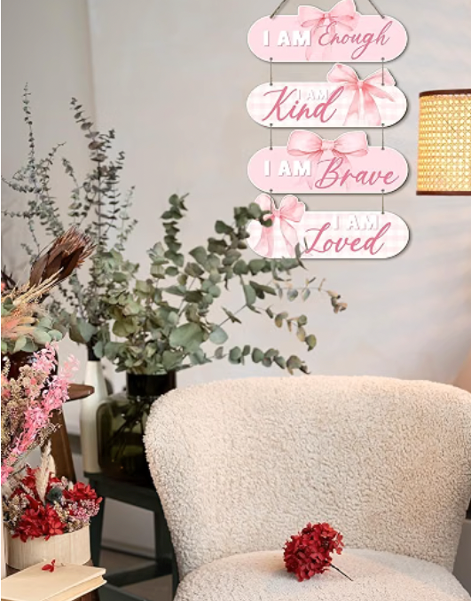 Soul Pink Bow Wall Decor for Women, I Am Enough I Am Kind I Am Brave I Am Loved (Pink)-4 Pc